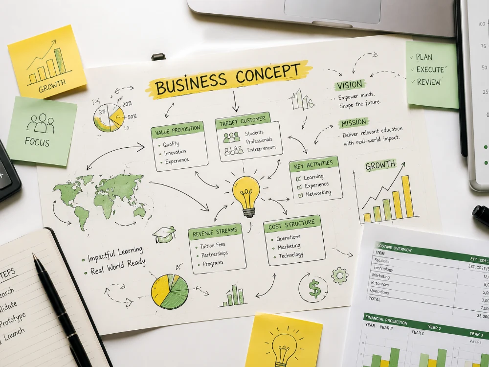 A learner sketching a business concept beside its costings on a worksheet.