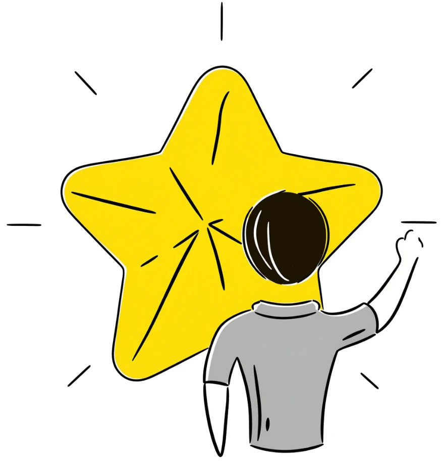 Illustration of a person reaching up towards a large gold star.