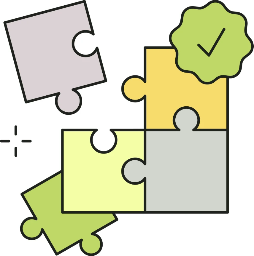 Illustration of four jigsaw pieces fitting together beside a green tick.