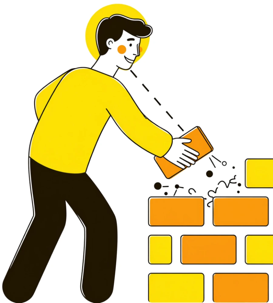 Illustration of a person laying bricks into a wall.