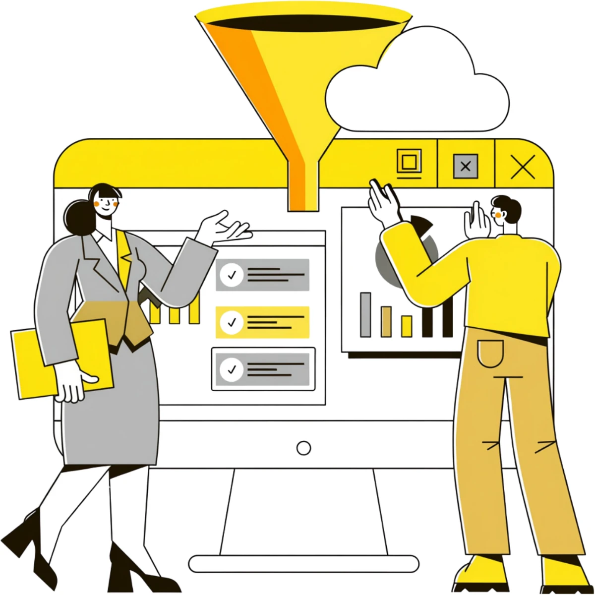 Illustration of two colleagues at a large screen showing a checklist and a bar chart, with a funnel feeding into it.