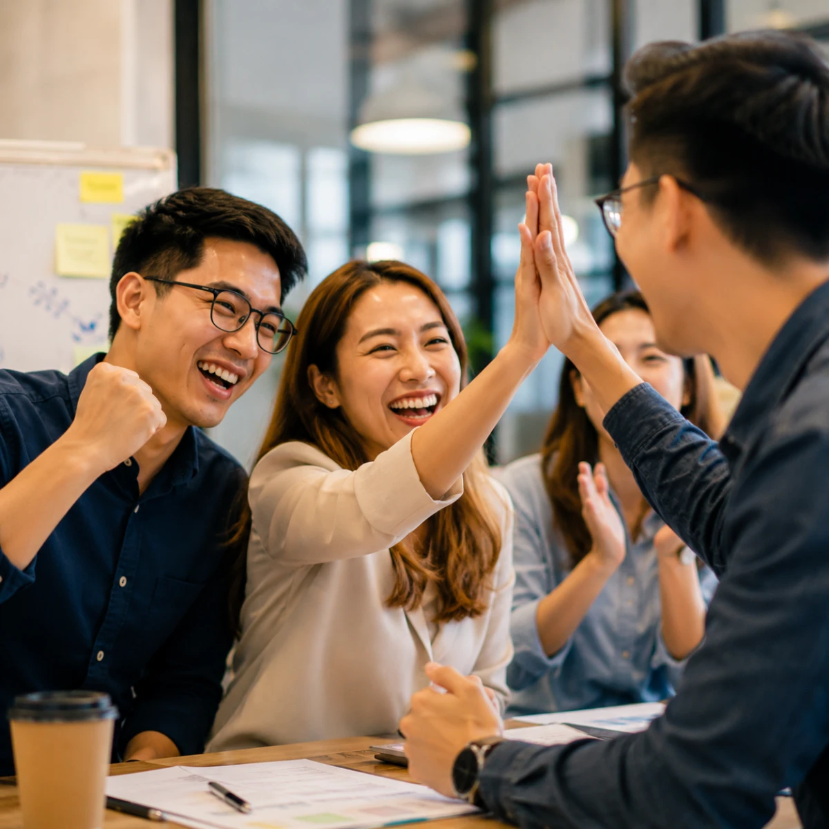 A team celebrating with a high five around a meeting table.