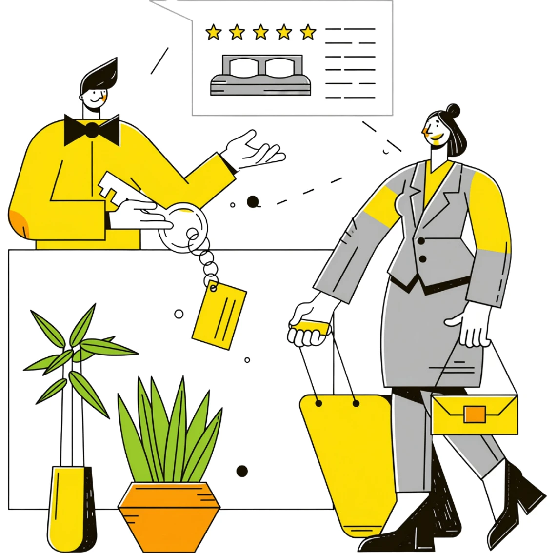 Illustration of a receptionist handing a room key to a guest with shopping bags, beside a five star review card.
