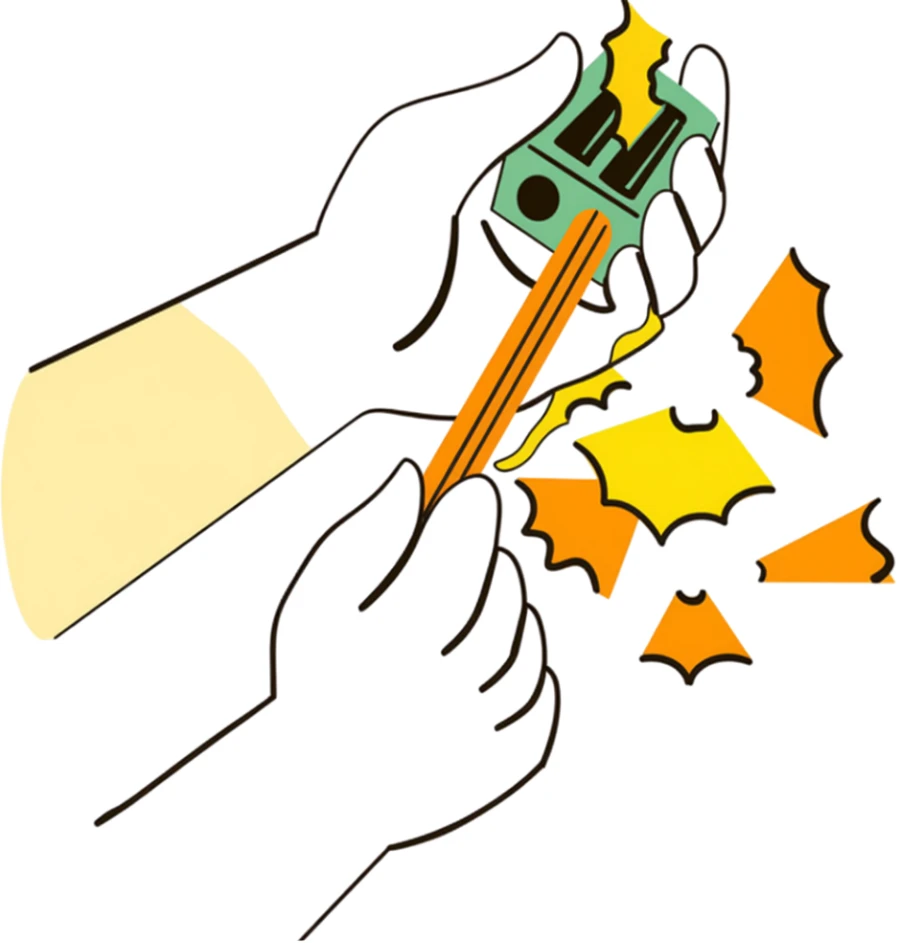 Illustration of a pair of hands sharpening a pencil.