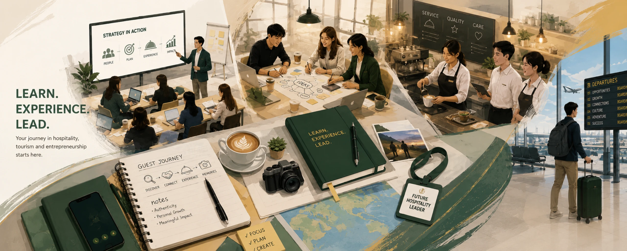 Illustration of the learning journey, from a strategy session to a cafe service counter to an airport departures board. Reads: Learn. Experience. Lead. Your journey in hospitality, tourism and entrepreneurship starts here.