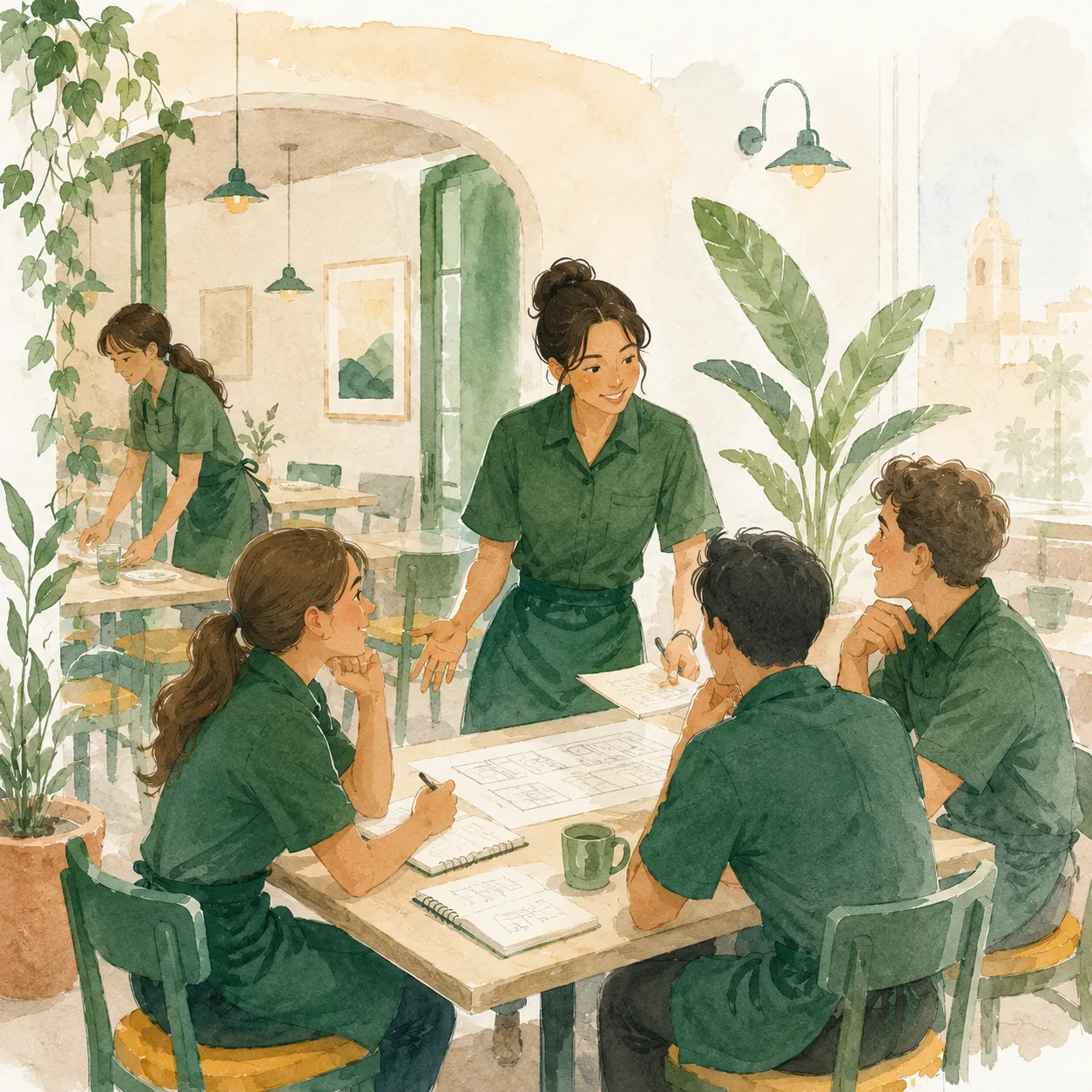 Illustration of staff meeting over notes in a dining room with the tables empty and one server resetting covers behind them.