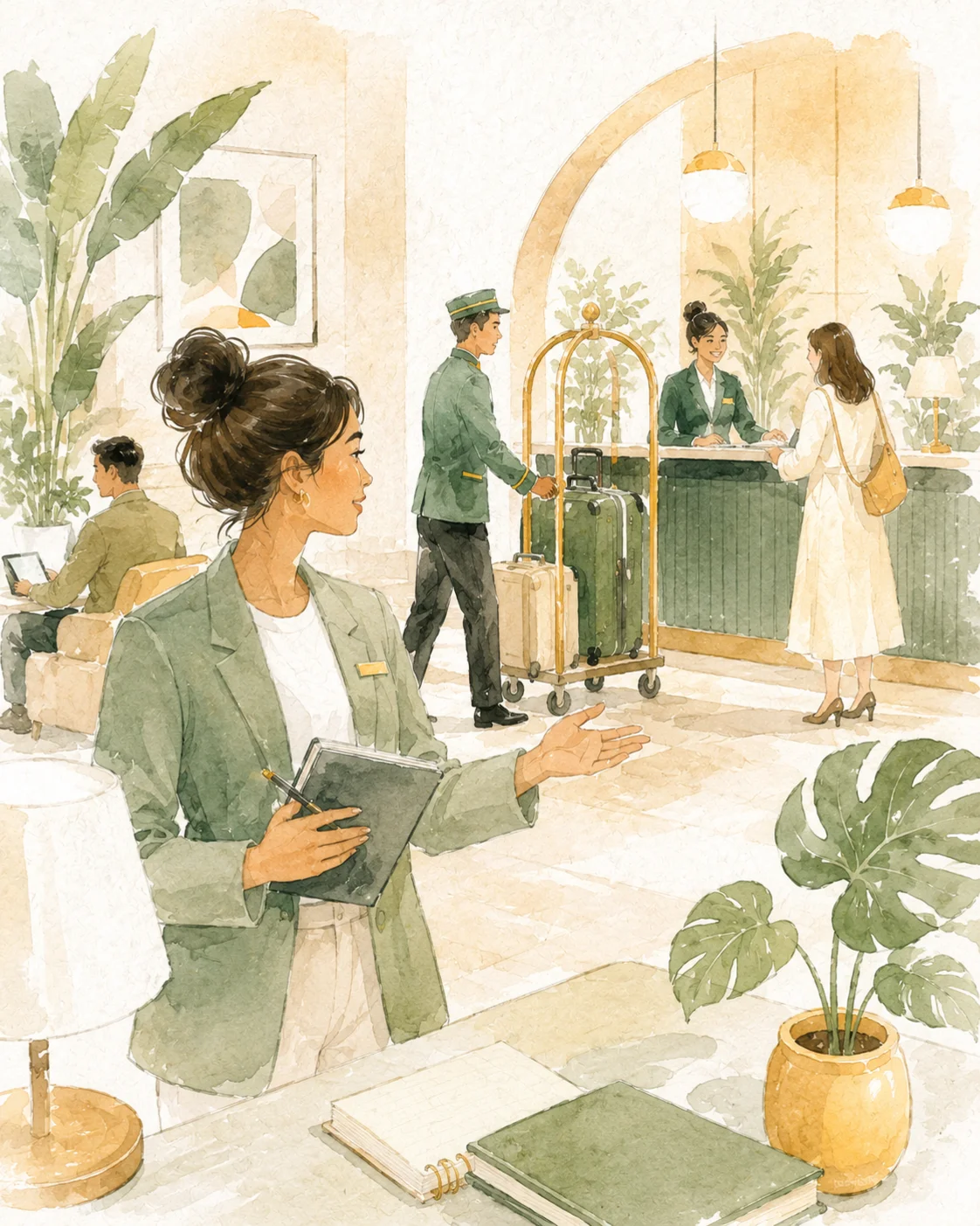 Illustration of a hotel lobby in full flow: a manager stepping forward, a porter with a luggage trolley and a guest checking in at the desk.