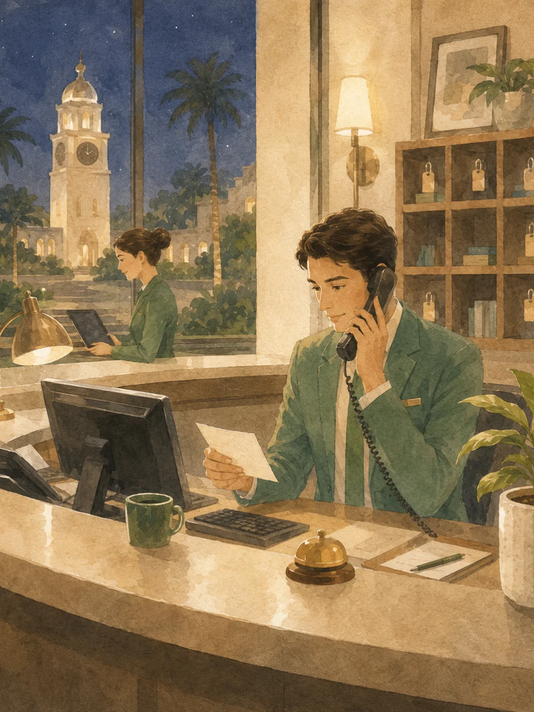Illustration of one receptionist alone on the front desk at night, on the telephone, with a lit clock tower through the window.