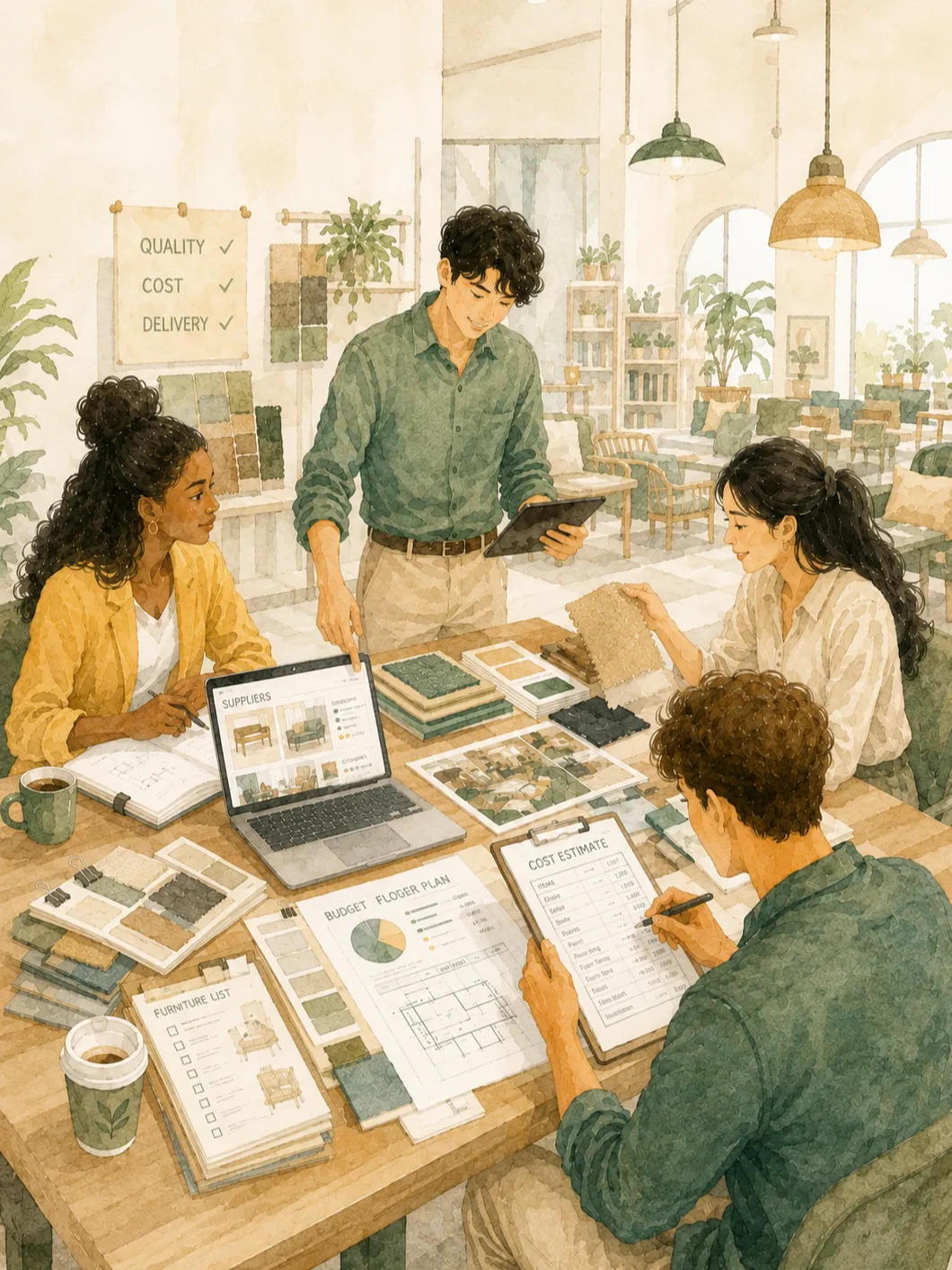 Illustration of a buying meeting: four colleagues around a table with a supplier list on a laptop, a cost estimate, a budget, a floor plan and fabric samples.