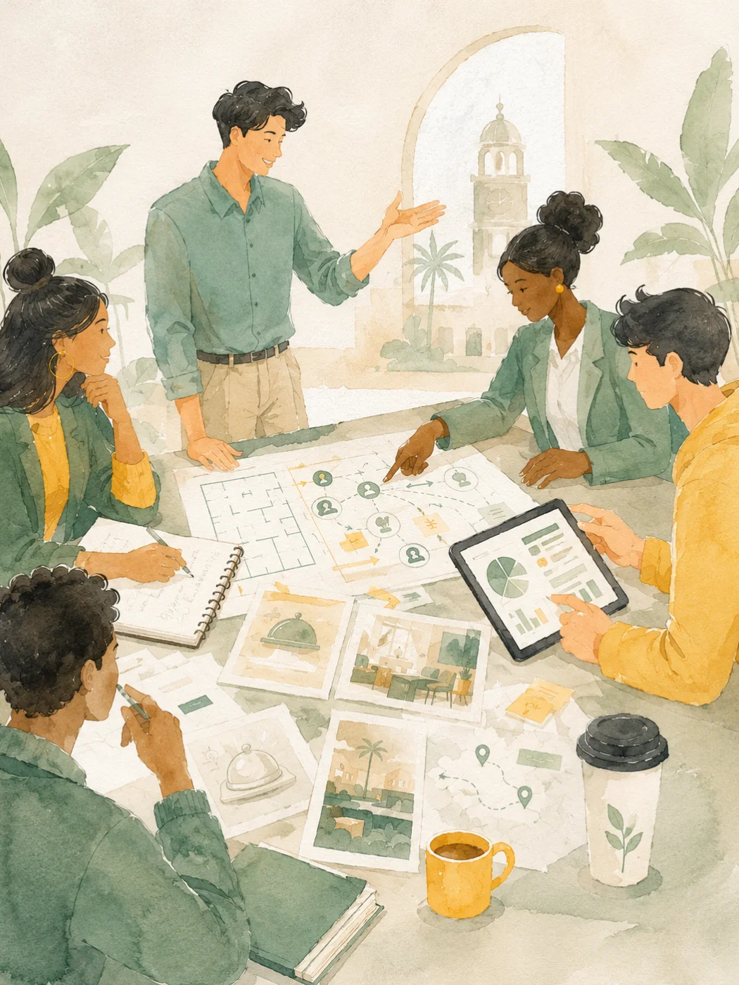 Illustration of a team around a table working through a floor plan, a budget chart and photographs of a venue.