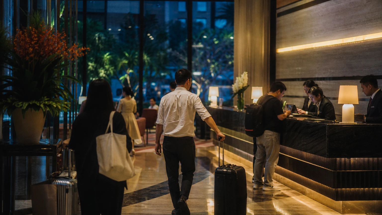 A hotel lobby at dusk with guests arriving.
