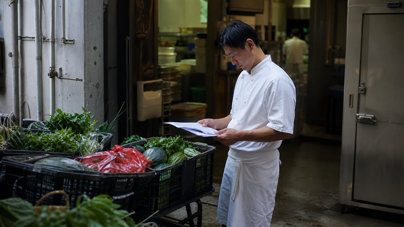 A chef going through a delivery list early in the morning.