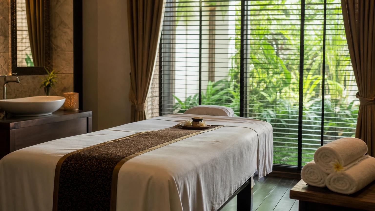 A treatment room in a Southeast Asian spa, lit by daylight.