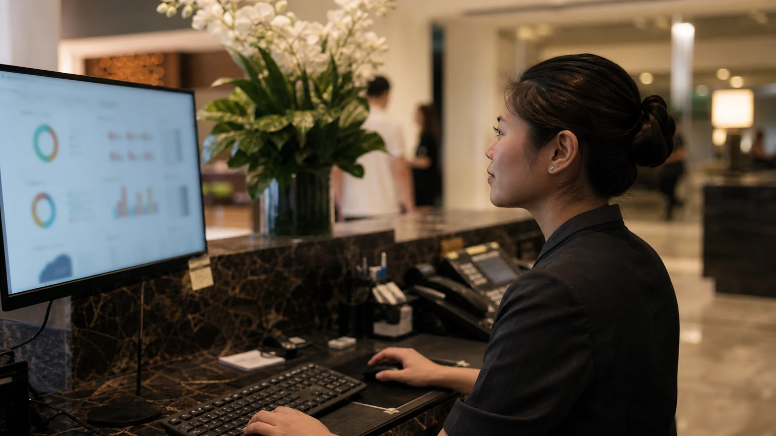 A hotel front desk with a screen showing occupancy data.