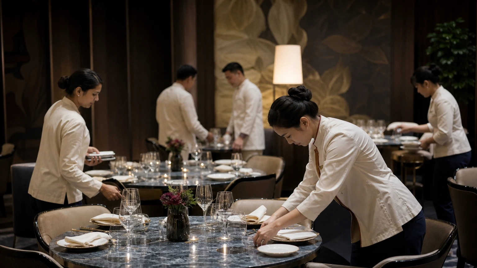 A hotel restaurant being set for service.