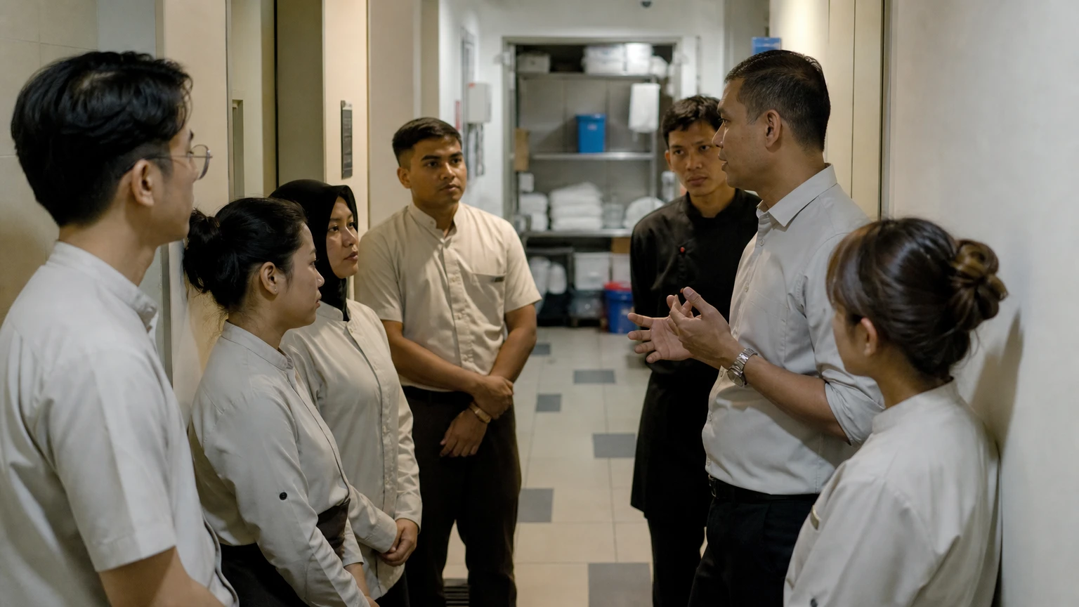 A service team briefing before a shift.