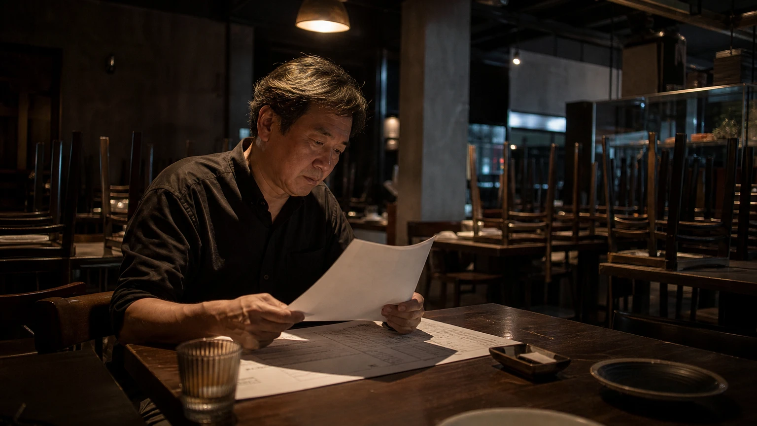 An owner going through figures at a table after service.