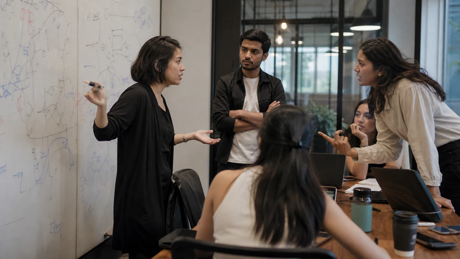 A team working through a problem on a whiteboard.