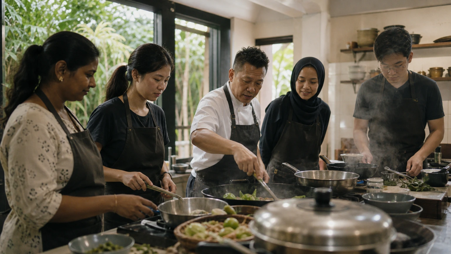 A cooking class in progress in a local kitchen.