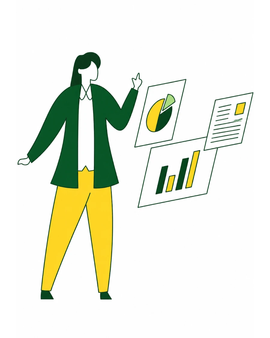 Illustration of a person reading a set of floating documents: a pie chart, a bar chart and a written summary.