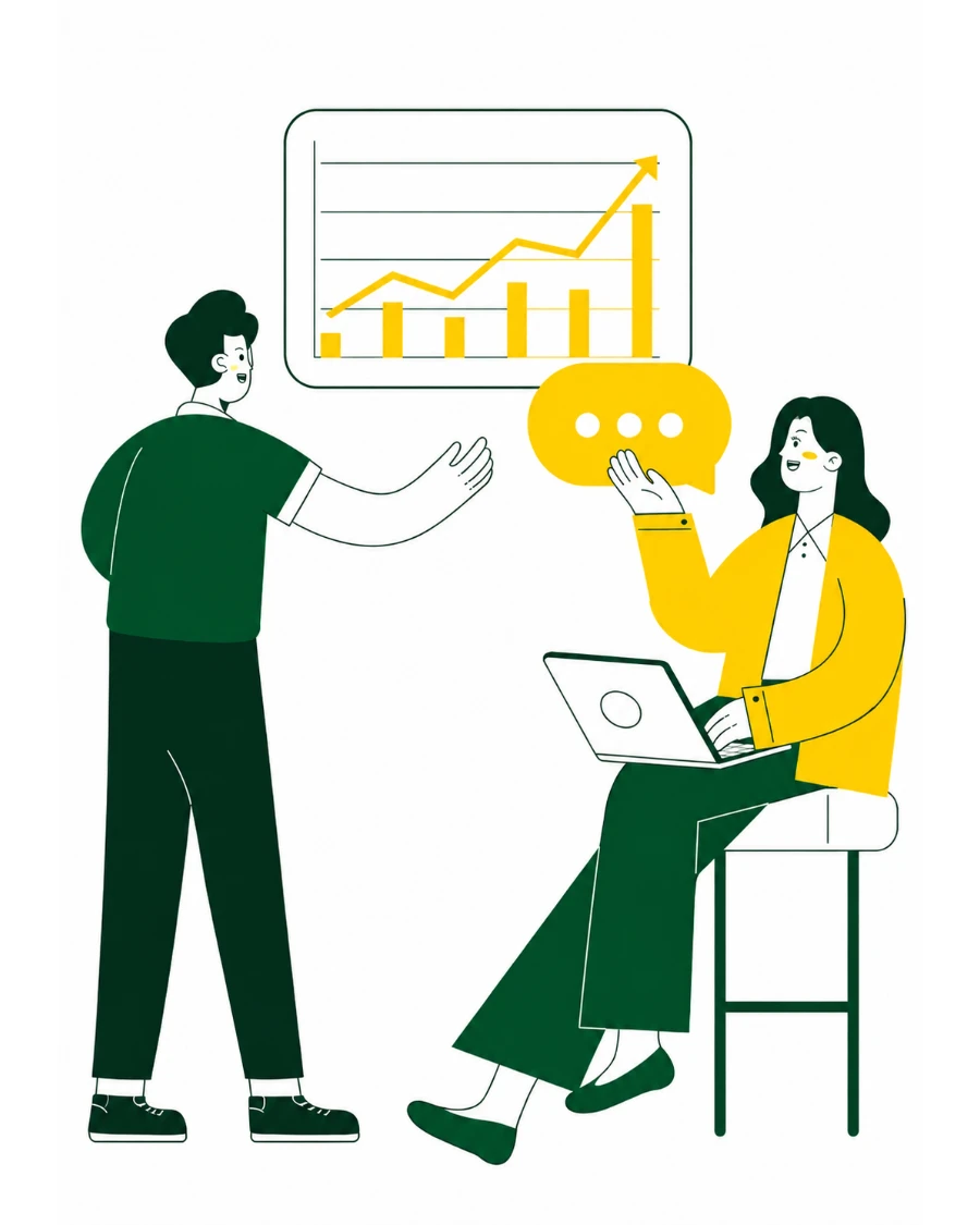 Illustration of two colleagues at a rising performance chart, one presenting and one answering from a laptop.