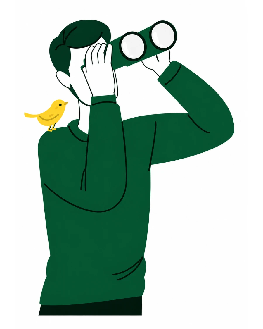 Illustration of a person scanning the horizon through binoculars, with a small bird perched on their shoulder.