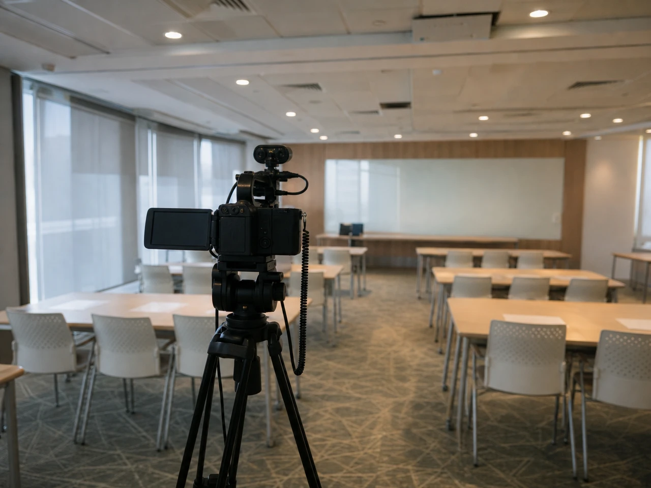 A camera on a tripod in a teaching room.