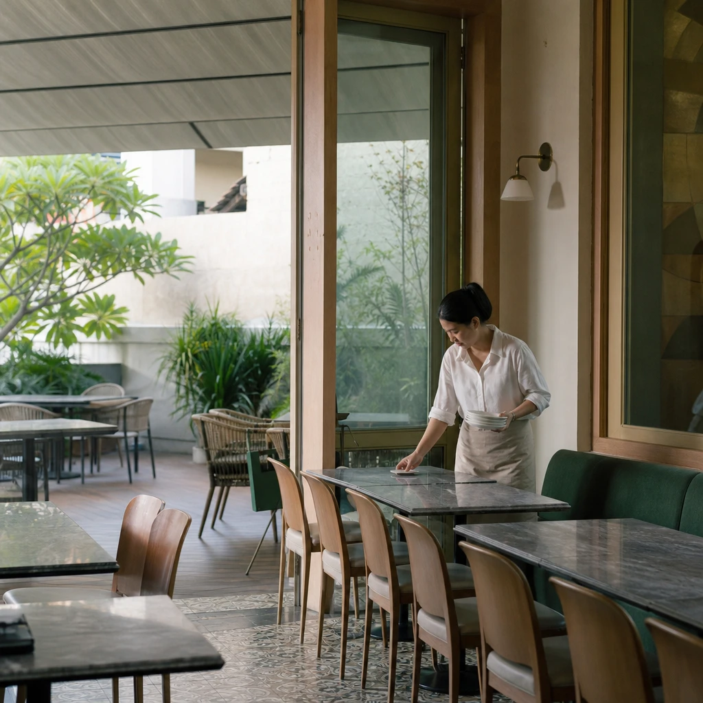 An empty terrace in the middle of a weekday, out of season.